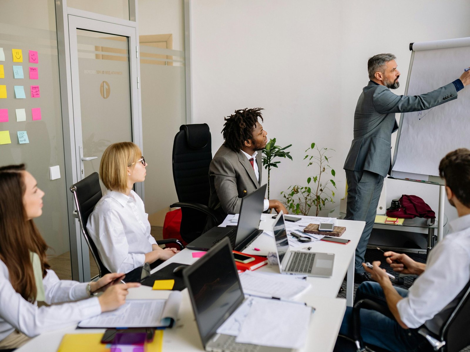 Business team engaged in a collaborative meeting with a leader presenting on a flip chart.